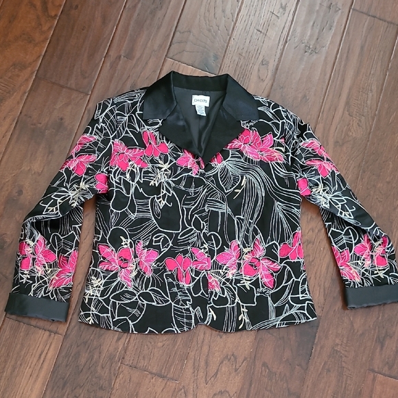 Chico's Black Silk Blend Jacket with Pink, White & Cream Embroidery size 1 - Picture 1 of 10